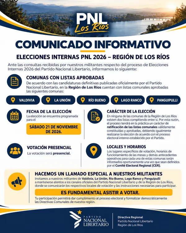 Comunicado informativo sobre las Elecciones Internas PNL 2026 en la Región de Los Ríos
