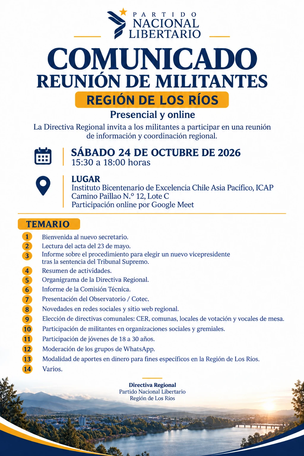 Convocatoria a reunión de militantes de Los Ríos, 24 de octubre de 2026, de 15:30 a 18:00 horas, presencial y online